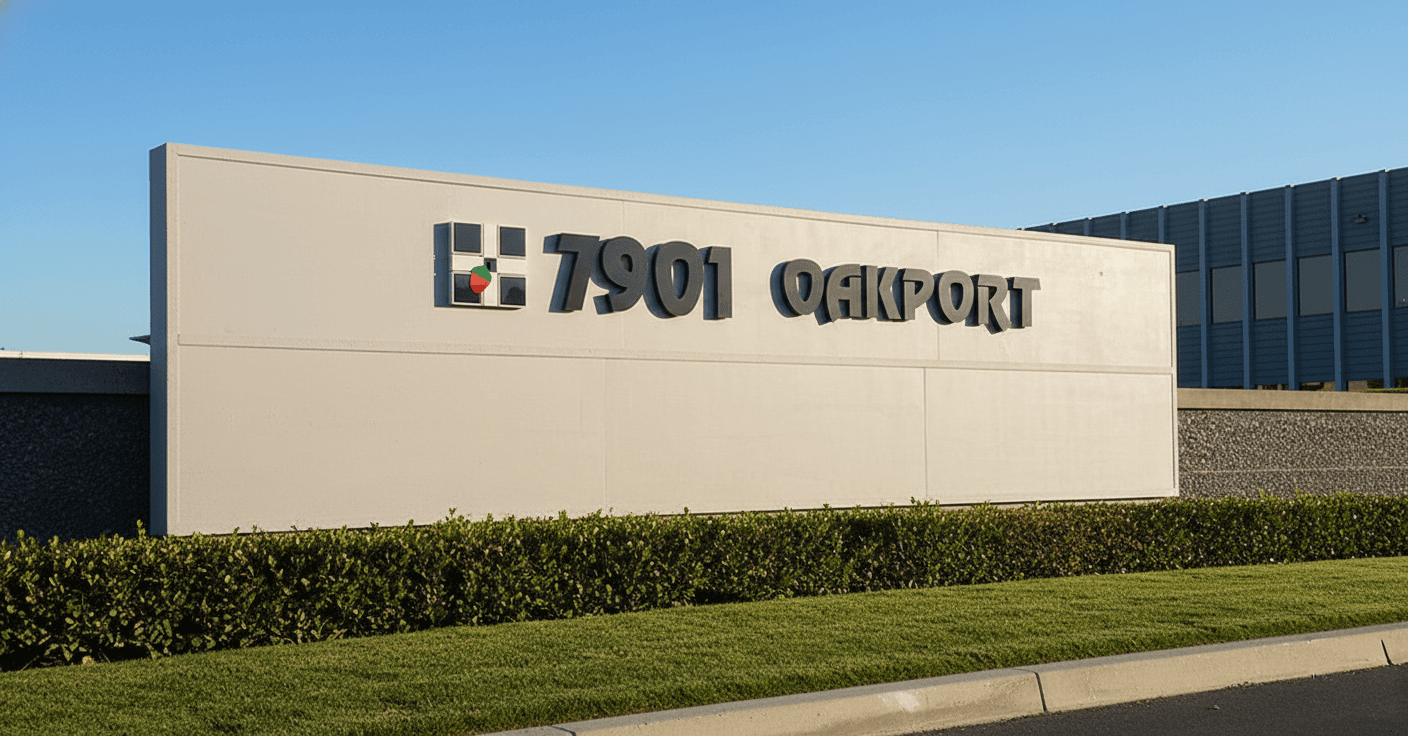 Brushed aluminum monument sign displaying 7901 Oakport Street address for a commercial property