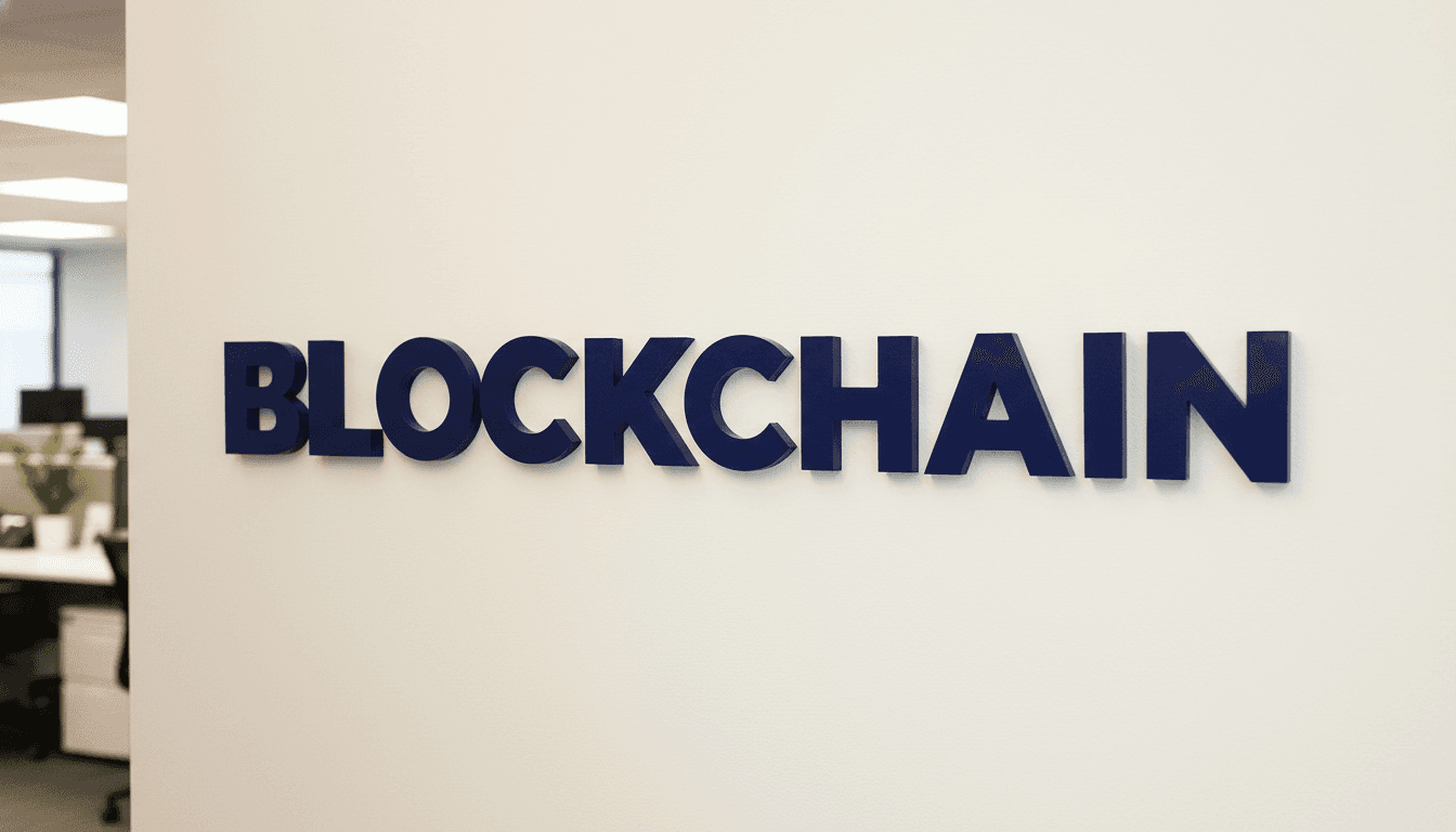 Dimensional blue letters spelling BLOCKCHAIN mounted on a clean interior wall