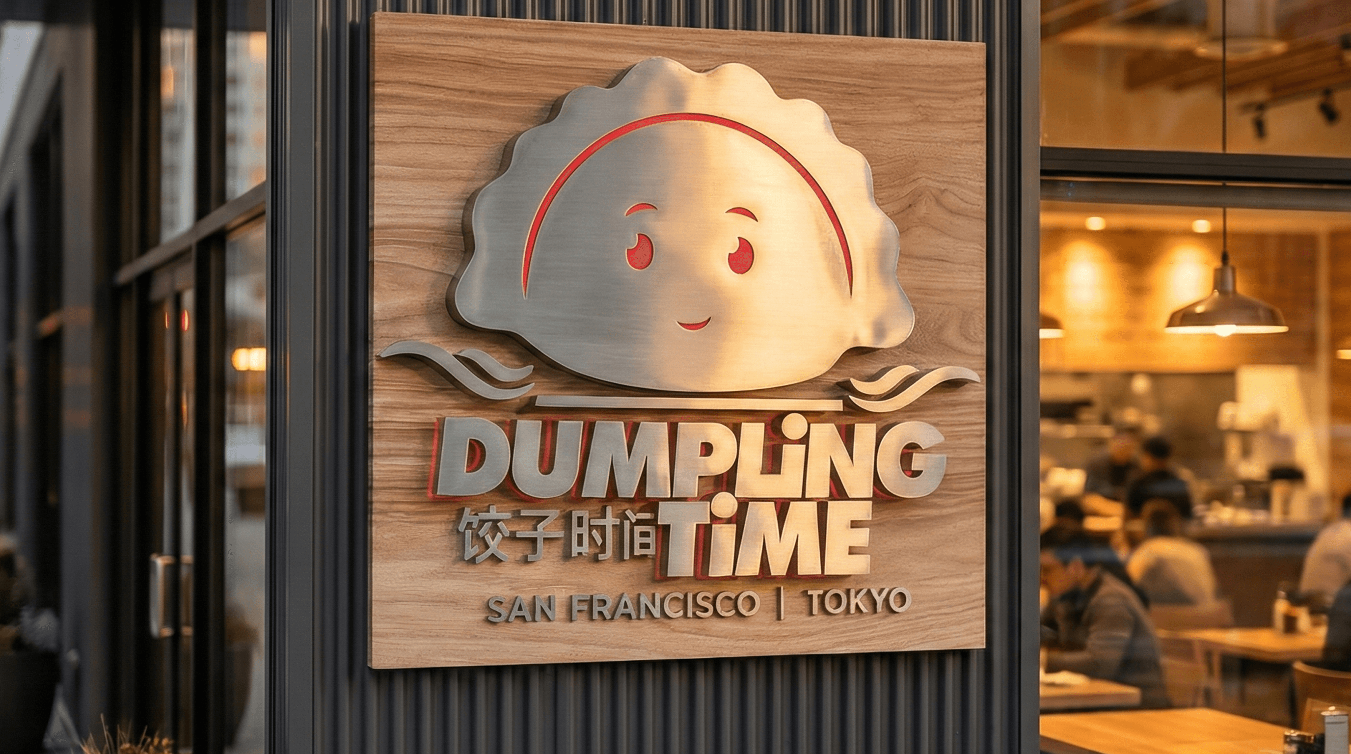 Exterior halo-lit sign with blue illuminated letters for Dumpling Time