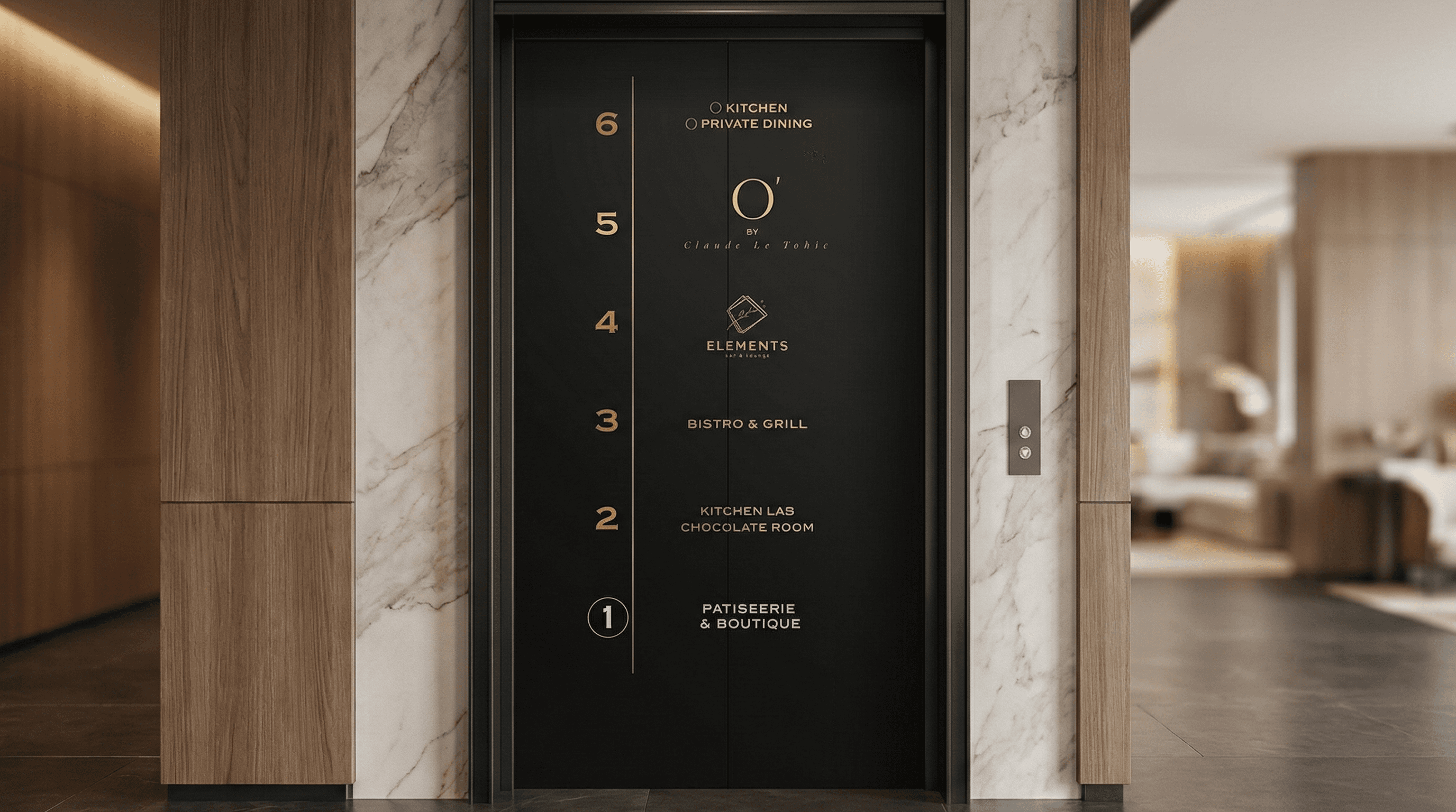 Elevator directory featuring gold icons and floor numbers in dimensional lettering