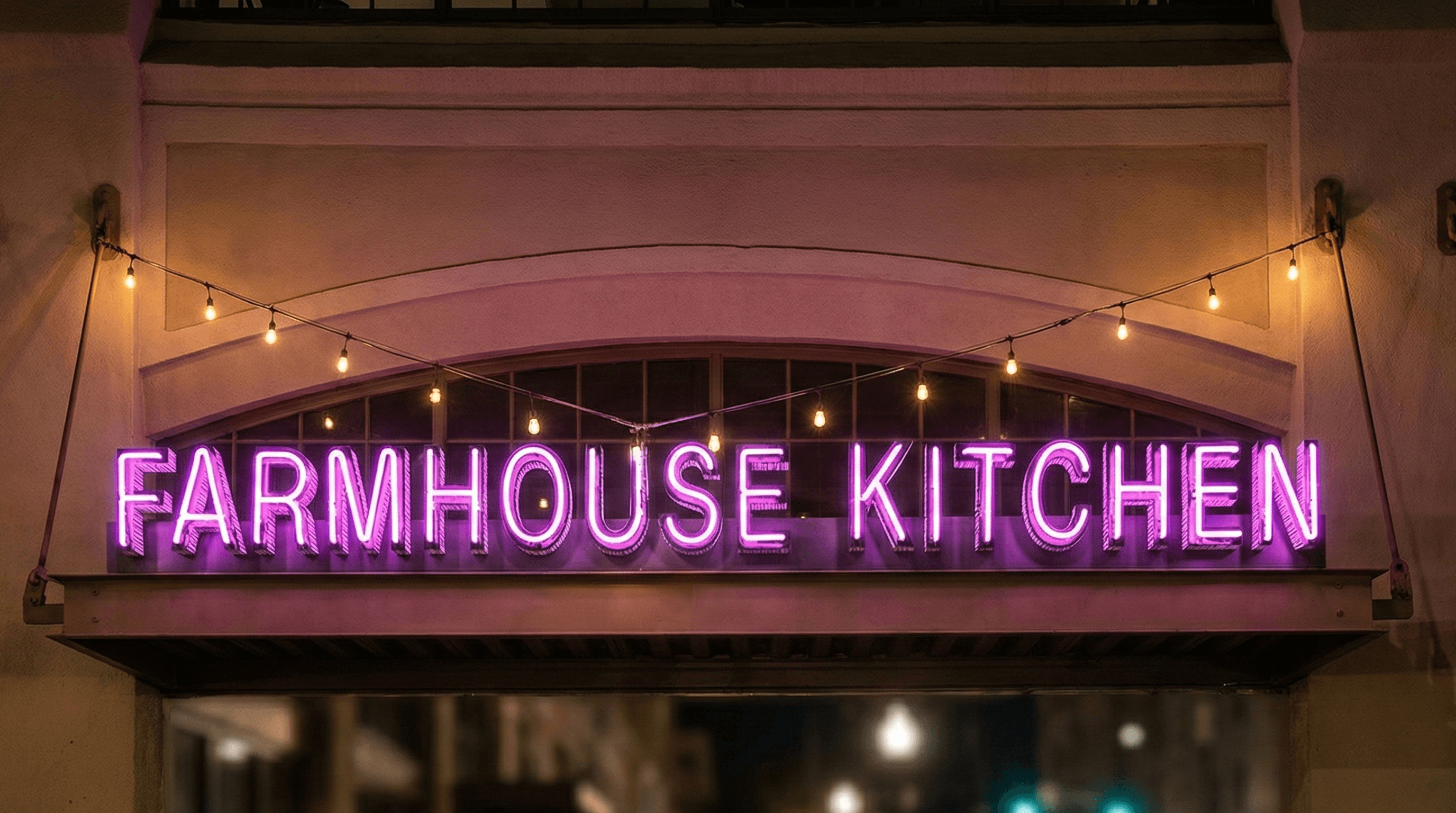 Farmhouse Kitchen restaurant exterior neon sign with yellow and green color scheme