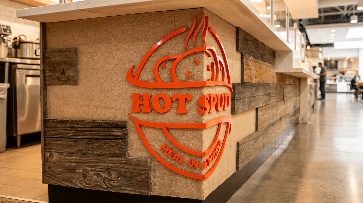 Custom aluminum Hot Spud lobby sign showcasing design-to-fabrication craftsmanship