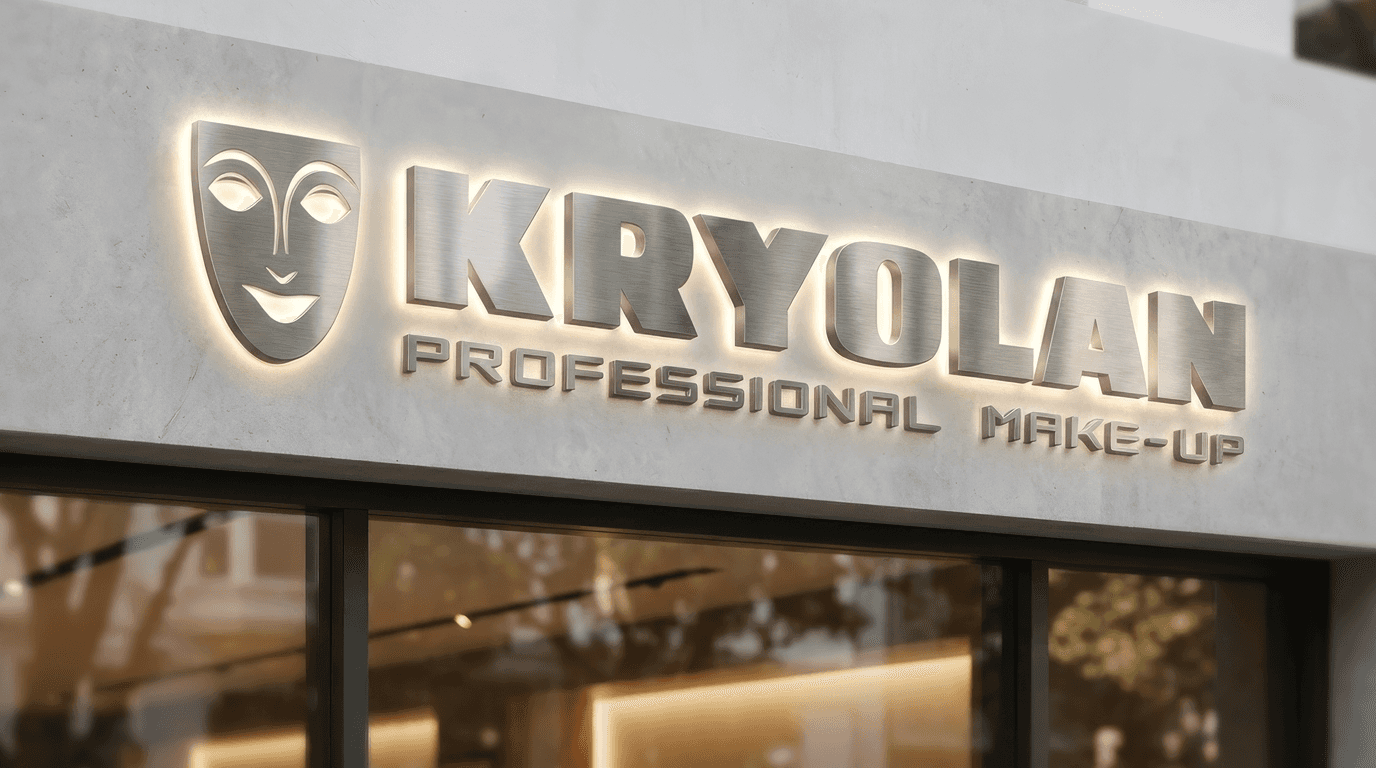 Kryolan Professional Make-up sign with warm halo lighting on a textured wall.