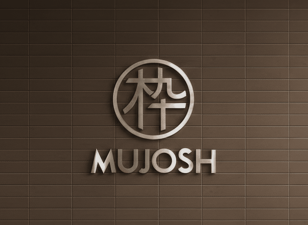 Brushed metal dimensional logo and letters for MUJOSH on interior tiled wall