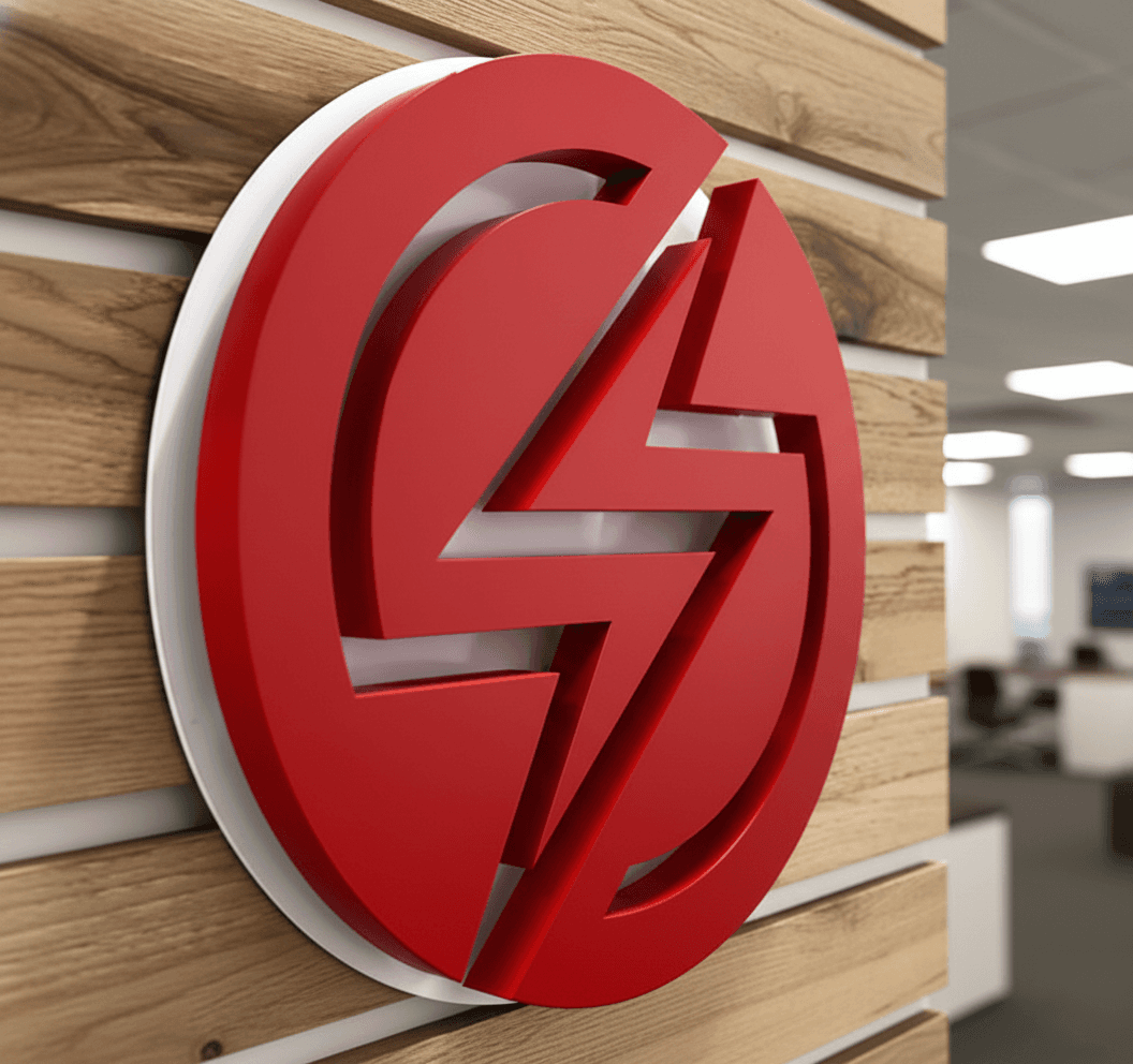 Custom aluminum S logo mounted on wood slat wall