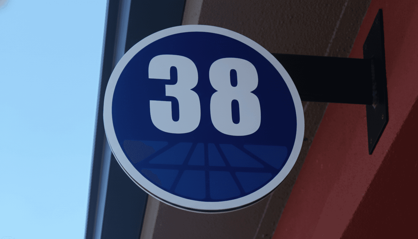Circular exterior blade sign displaying the number 38 in white on blue