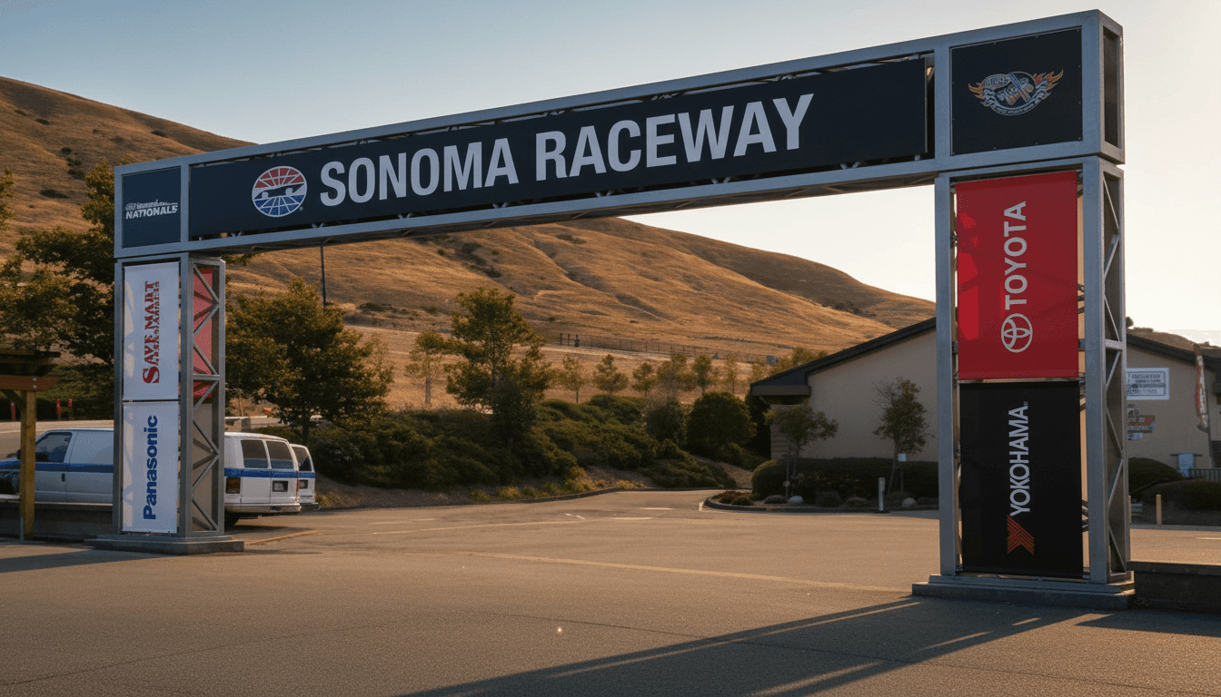Monument entrance sign at Sonoma Raceway featuring structural branding.