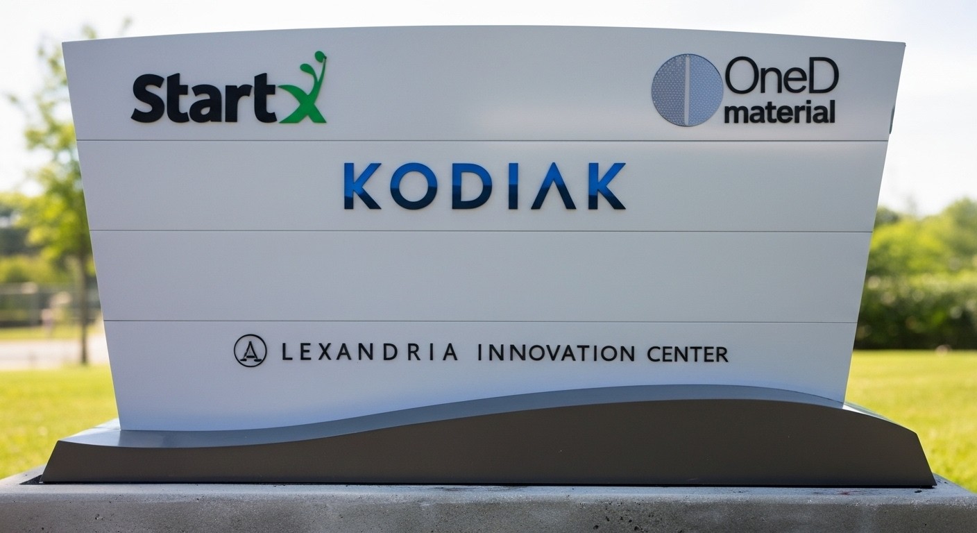 Low-profile monument sign with StartX logo at the entrance of a tech campus