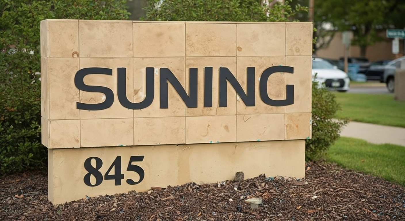 Suning corporate monument sign with integrated lighting for global brand identity