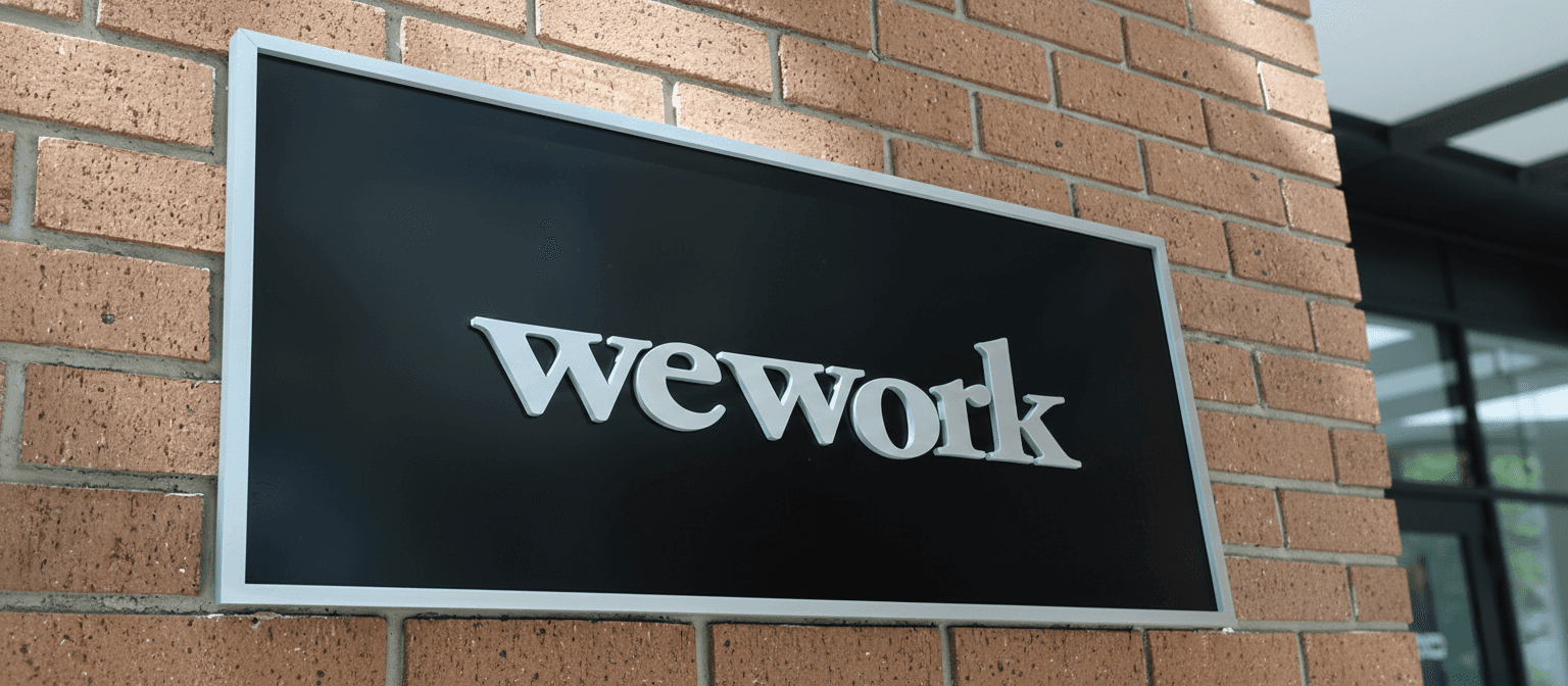 Sleek WeWork logo plaque for an interior office environment.