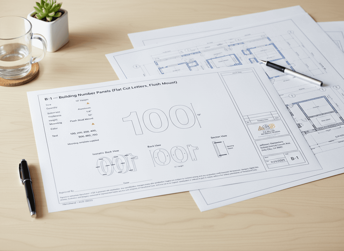 Fabrication-ready sign design and approval work shown on a custom aluminum lobby sign.