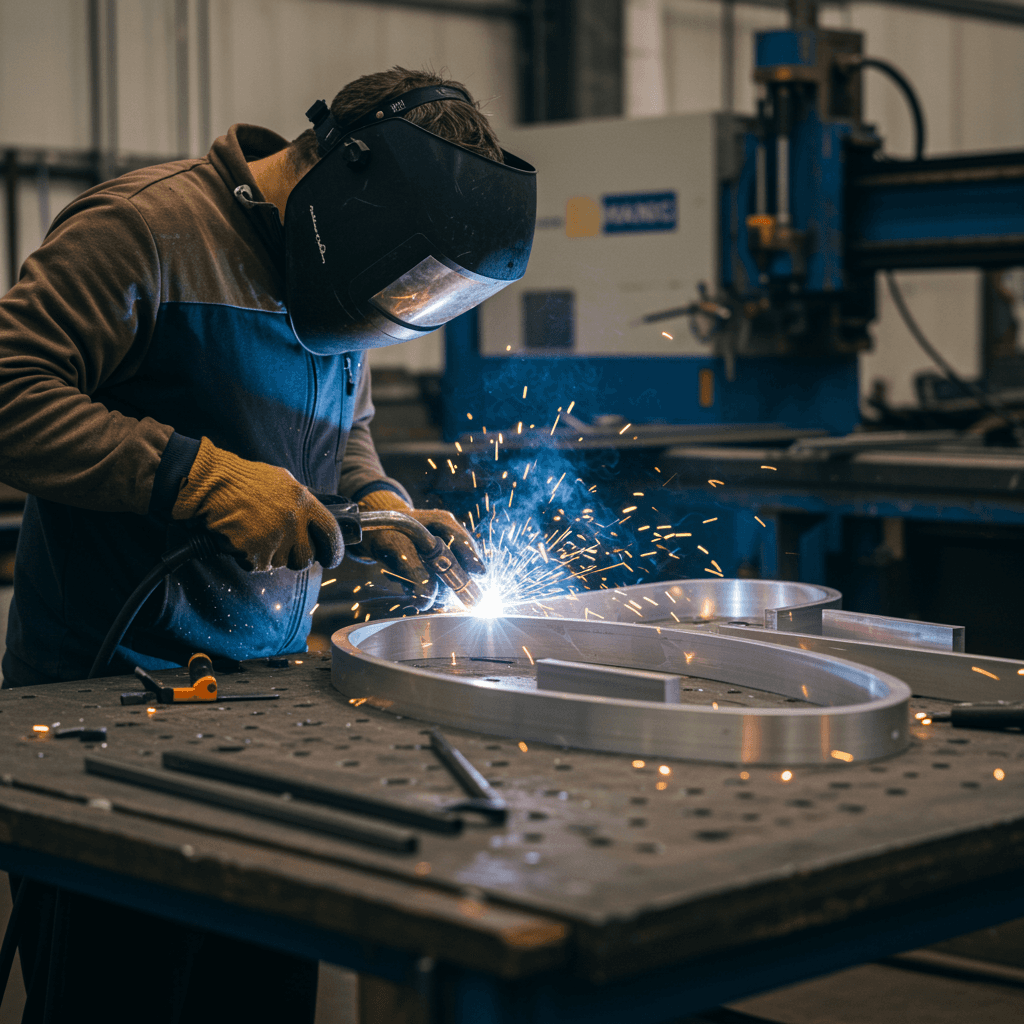 In-house fabrication of a custom aluminum sign with precision finish work.