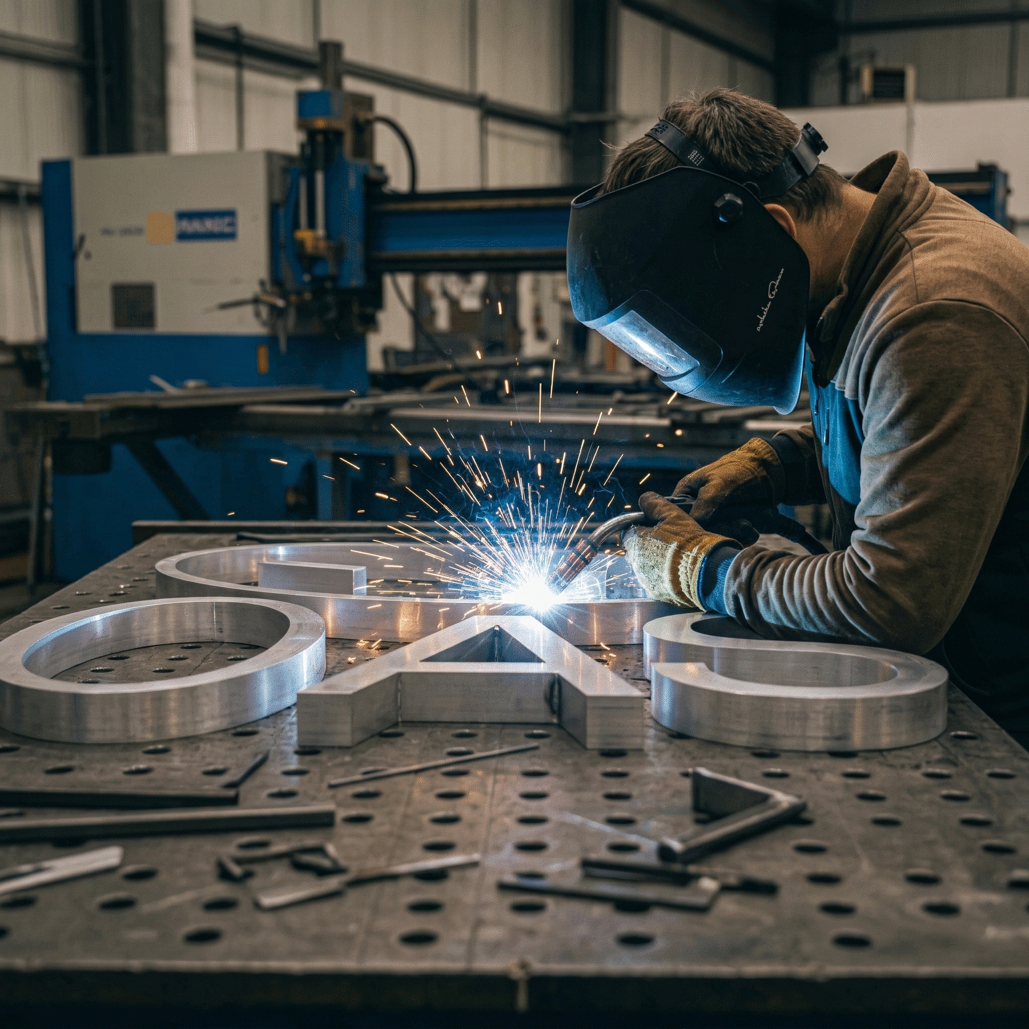 In-house fabrication of a custom aluminum sign with precision finish work.