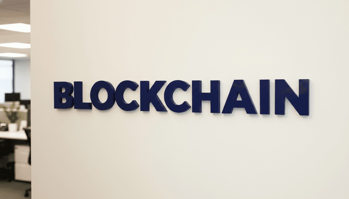 Dimensional blue letters spelling BLOCKCHAIN mounted on a clean interior wall