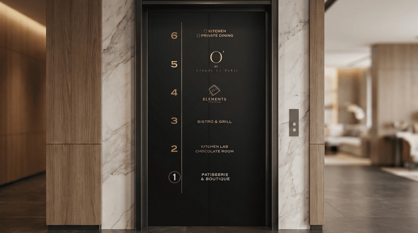 Elevator directory featuring gold icons and floor numbers in dimensional lettering