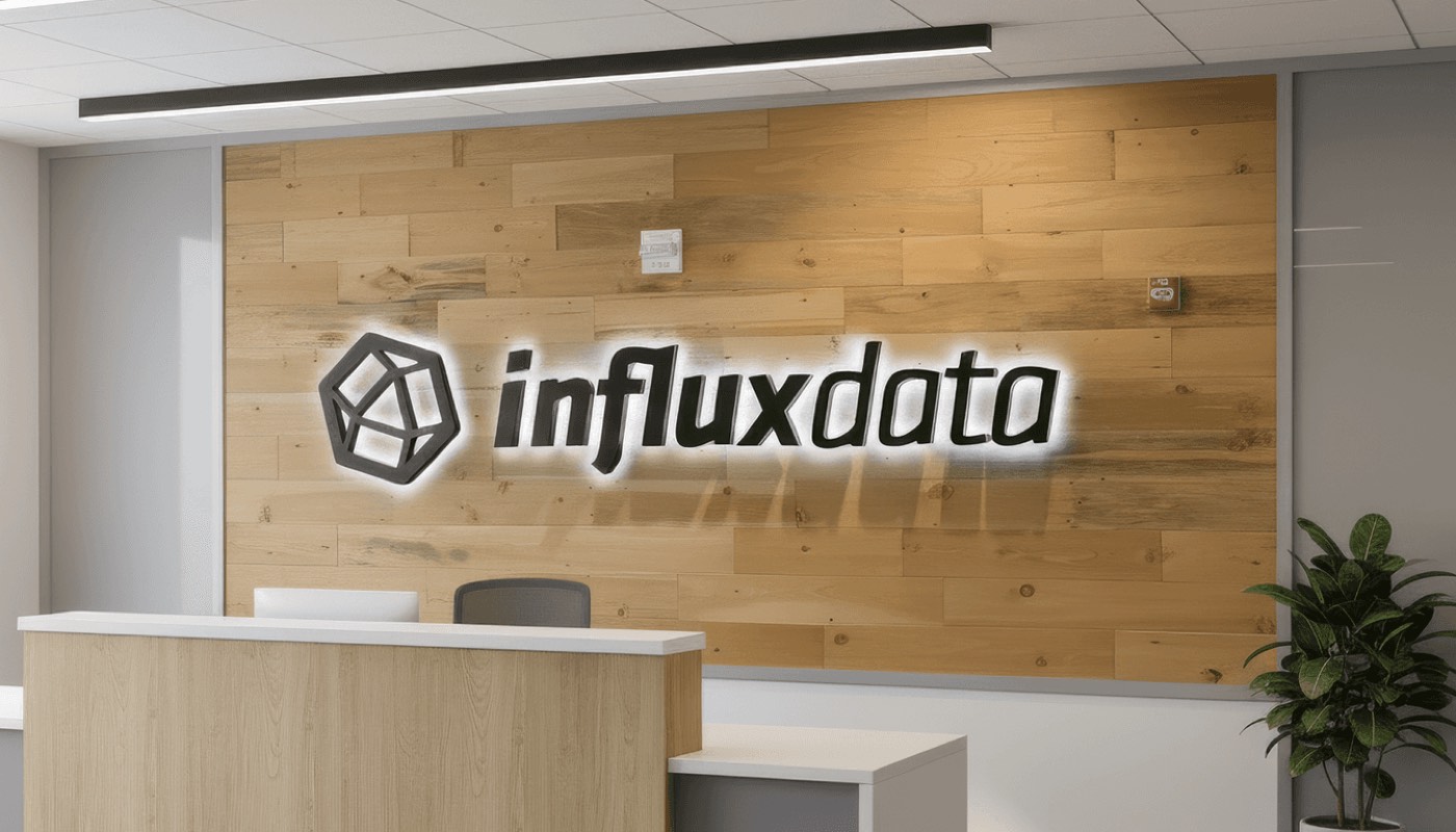 Dimensional logo and lettering for Influxdata installed on a wood-paneled lobby wall