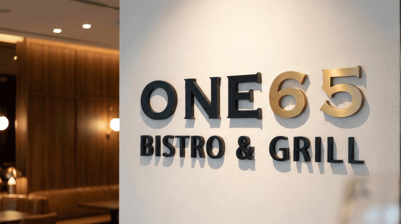 Bold channel letters for ONE65 brand with navy blue and gold numerals