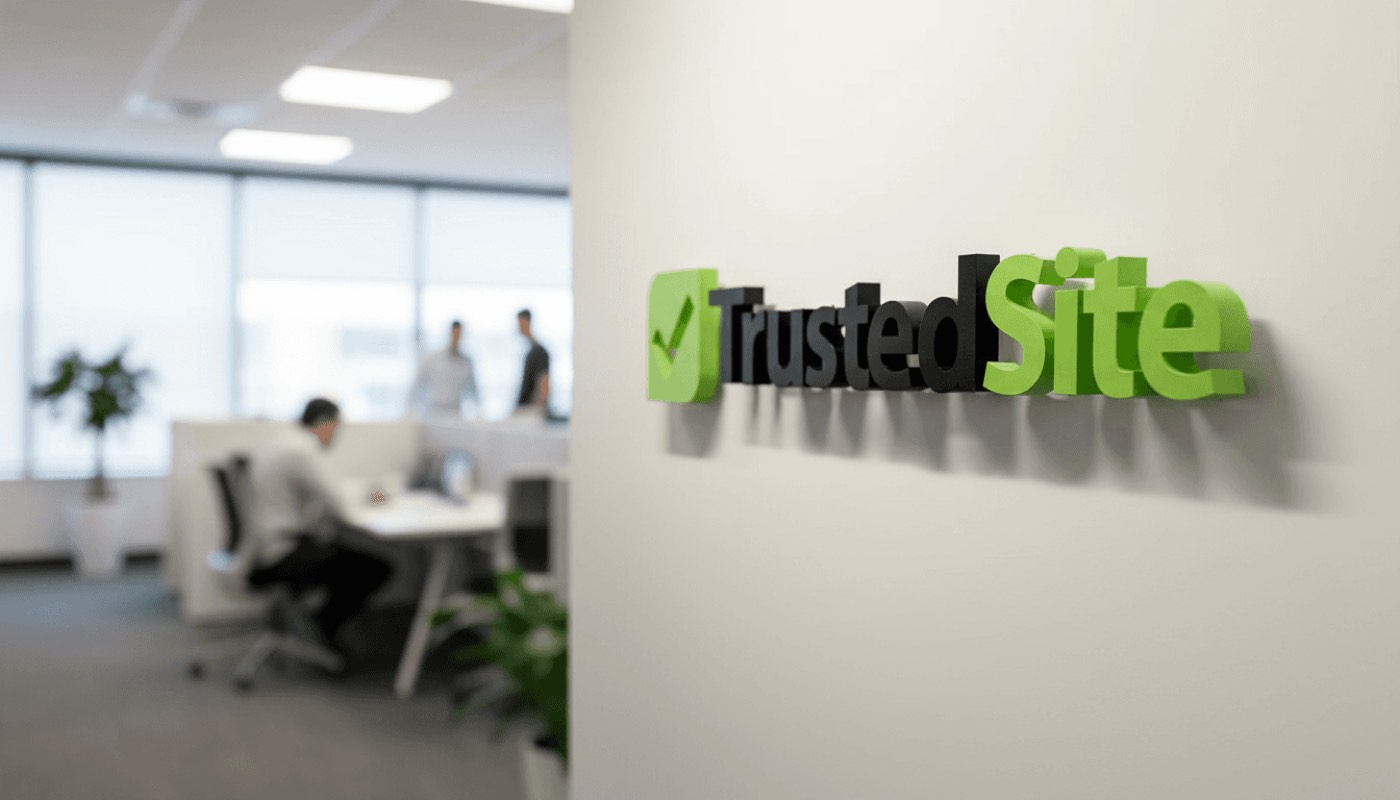 TrustedSite green-and-black dimensional logo and letters mounted on a white office lobby wall