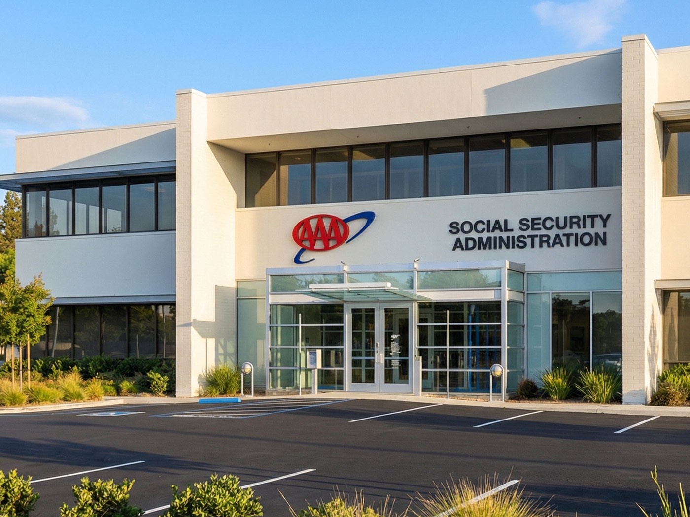 Illuminated AAA and Social Security channel letters above a commercial entry