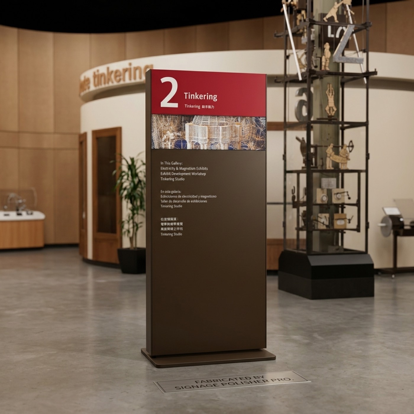 Freestanding interior wayfinding pylon sign with directional information for a gallery exhibit