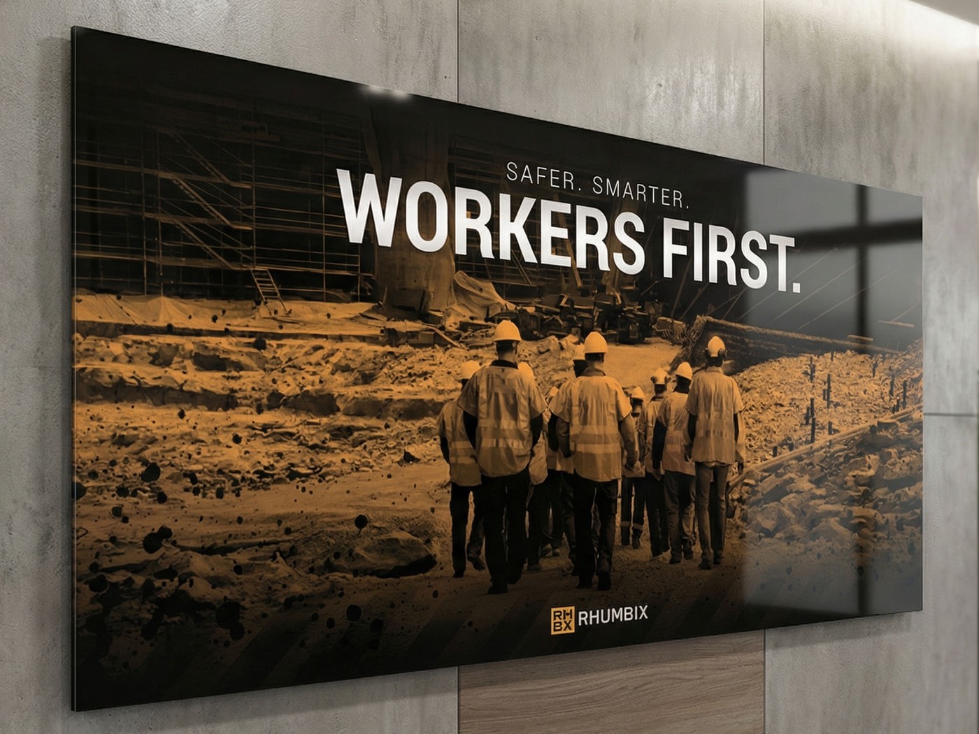 Large office wall graphic featuring a construction scene and Workers First messaging