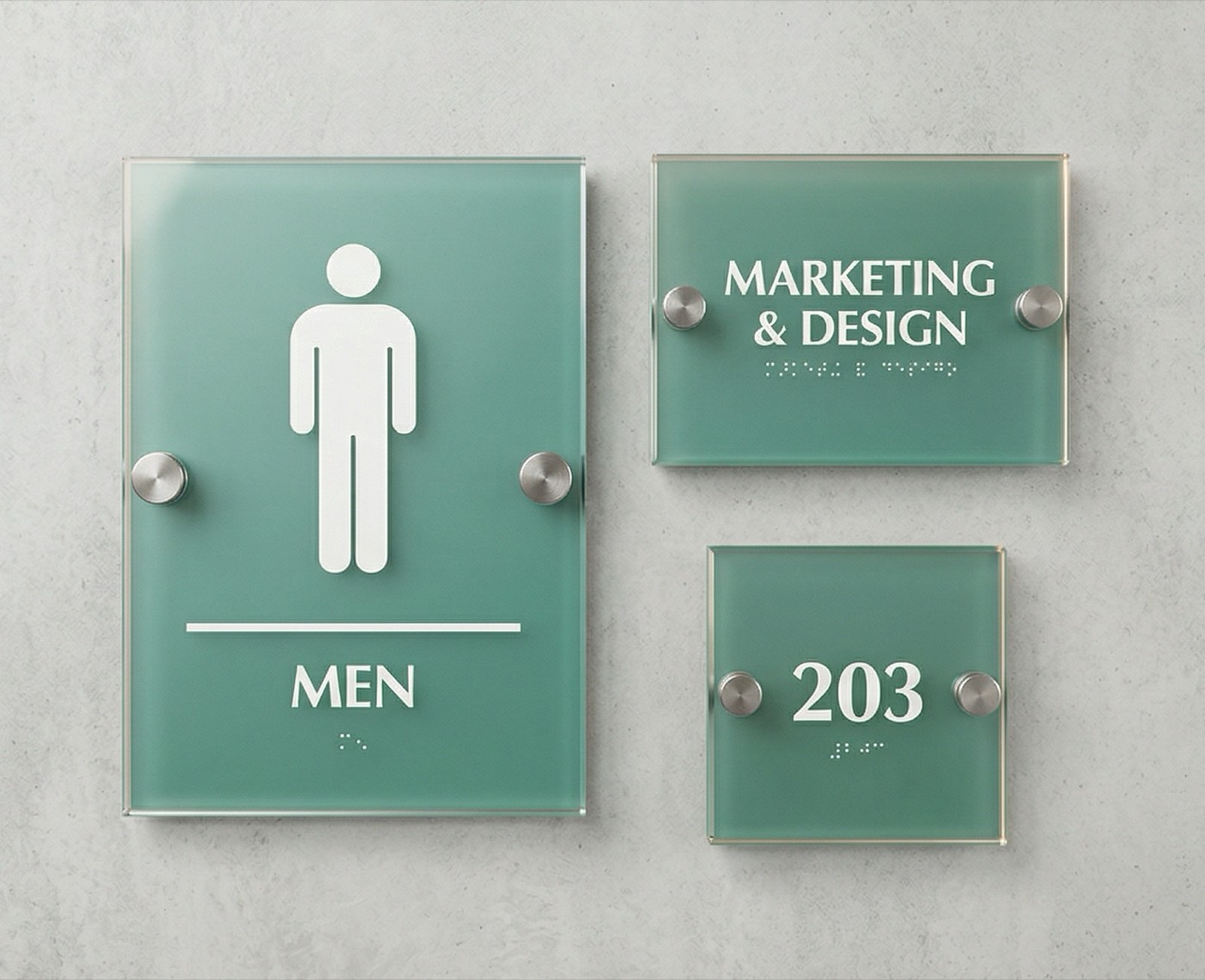 Frosted glass ADA men's restroom sign with metal standoffs