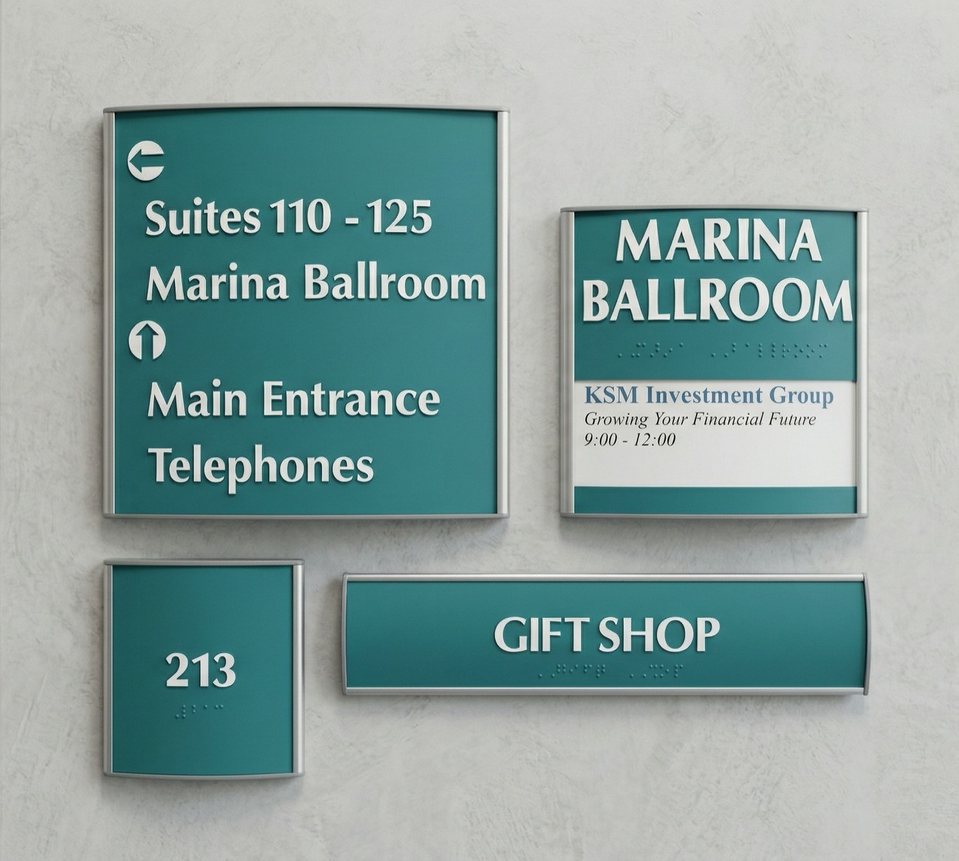 Turquoise ADA suite identification sign with tactile text and Braille