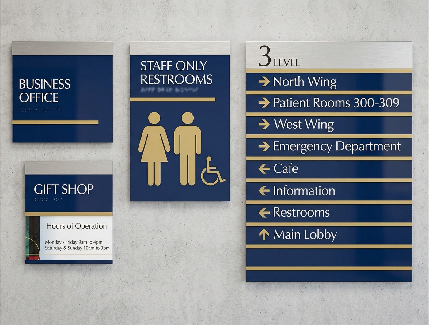 Directory and wayfinding ADA signs with dark blue background and gold accents