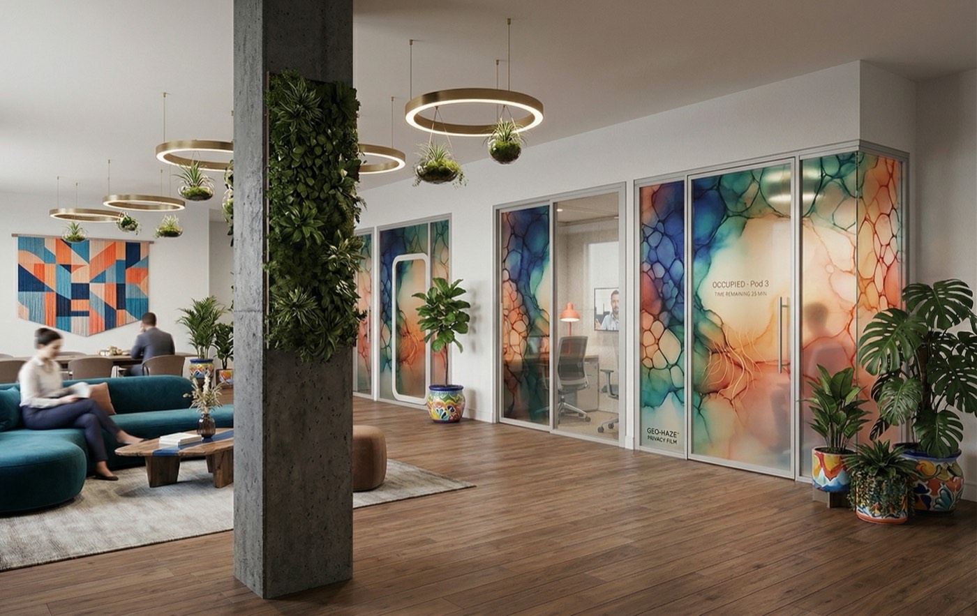 Colorful abstract graphic privacy window film applied to office glass
