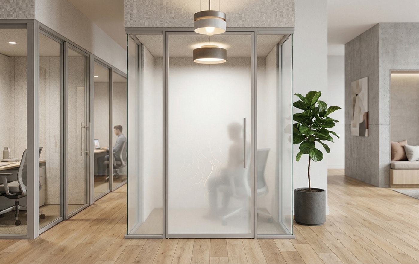 Minimalist frosted glass privacy film with subtle wave patterns on a meeting pod