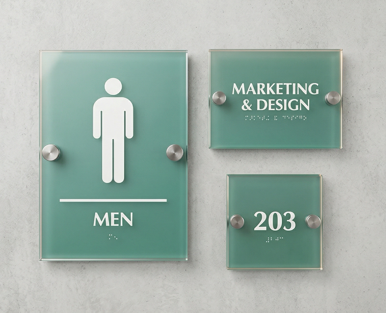 Frosted glass ADA restroom sign with metal standoffs and Braille
