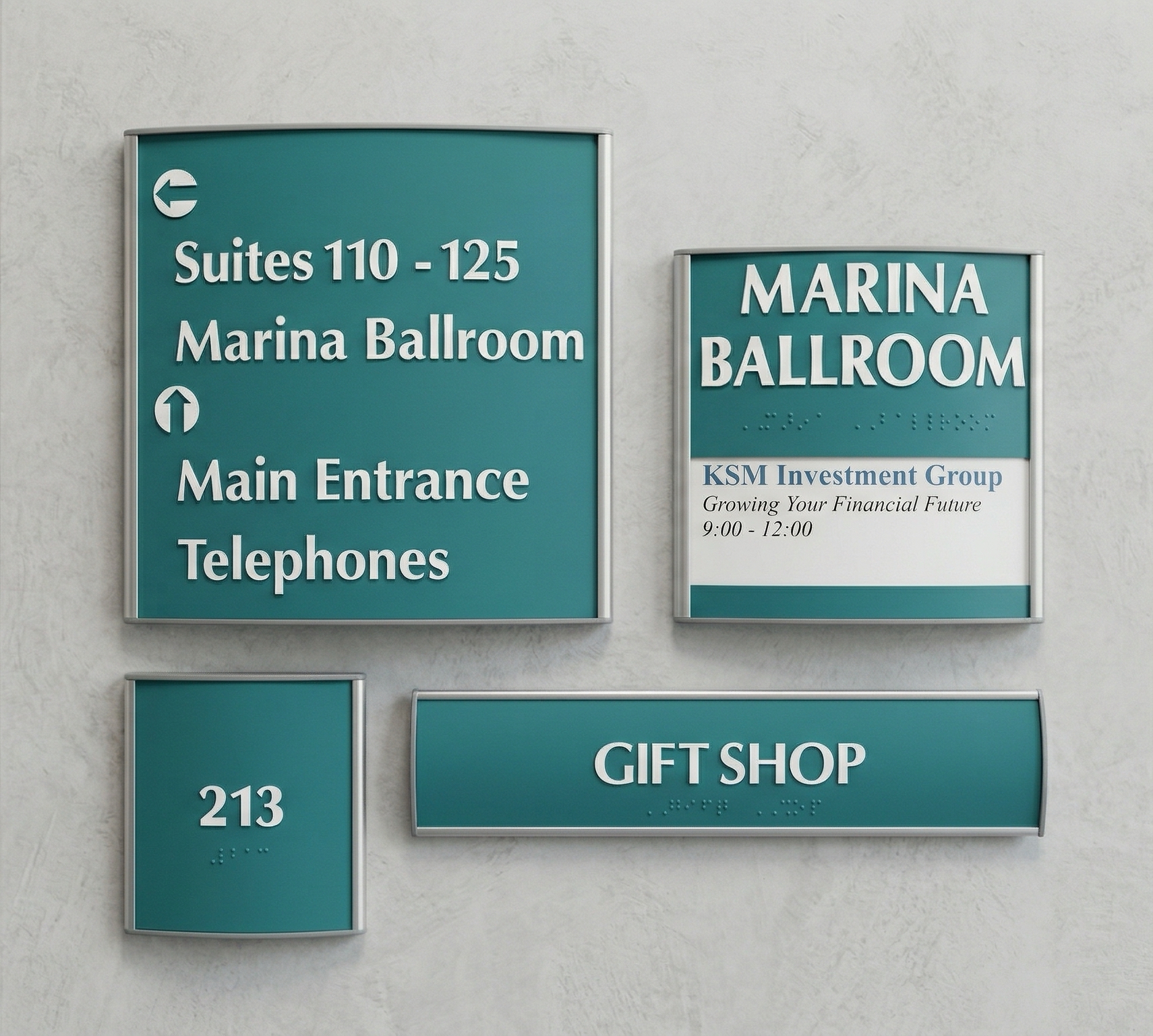 Turquoise ADA suite identification sign with tactile text and Braille