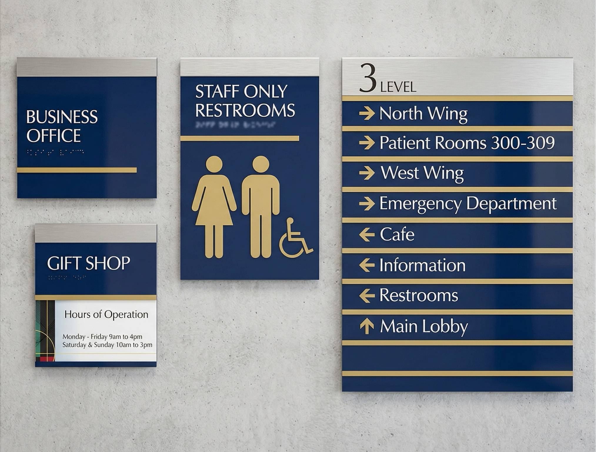 Directory and wayfinding ADA signs with dark blue background and gold accents