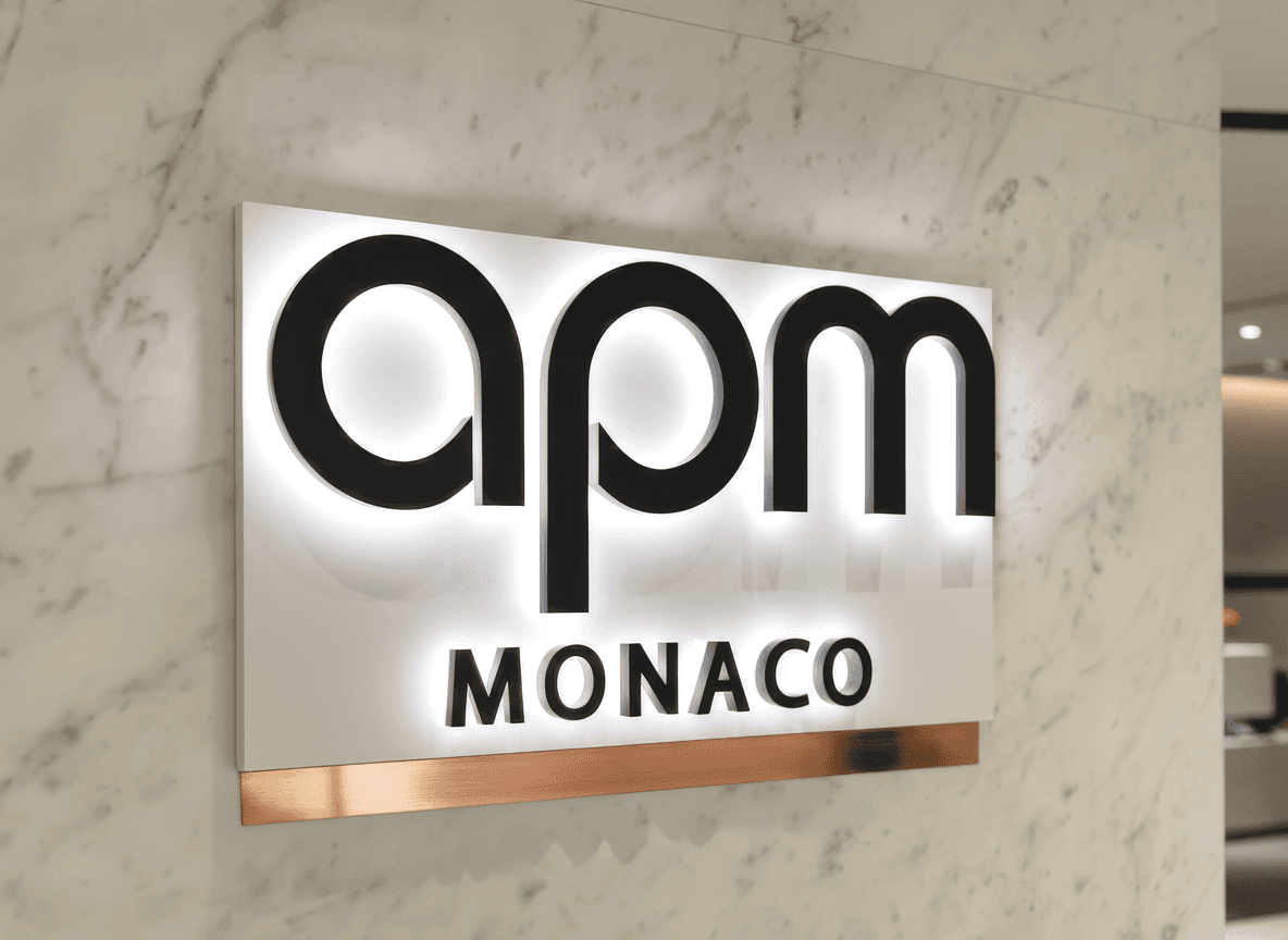 APM Monaco interior wall sign in mirror-finish metal for luxury retail environment