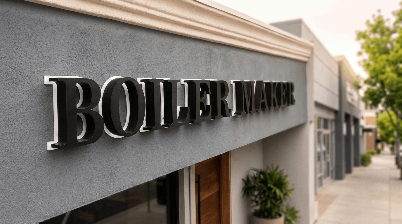 Boiler Maker exterior dimensional letter sign with bold masculine aesthetic