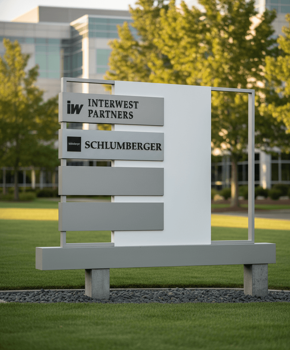 Interwest Partners professional office tenant directory in etched metal for San Jose business park