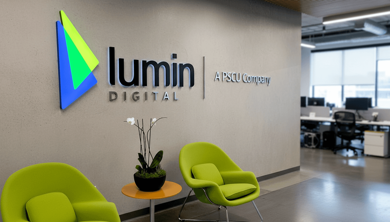 Lumin Digital lobby sign with colorful overlapping acrylic triangle layers