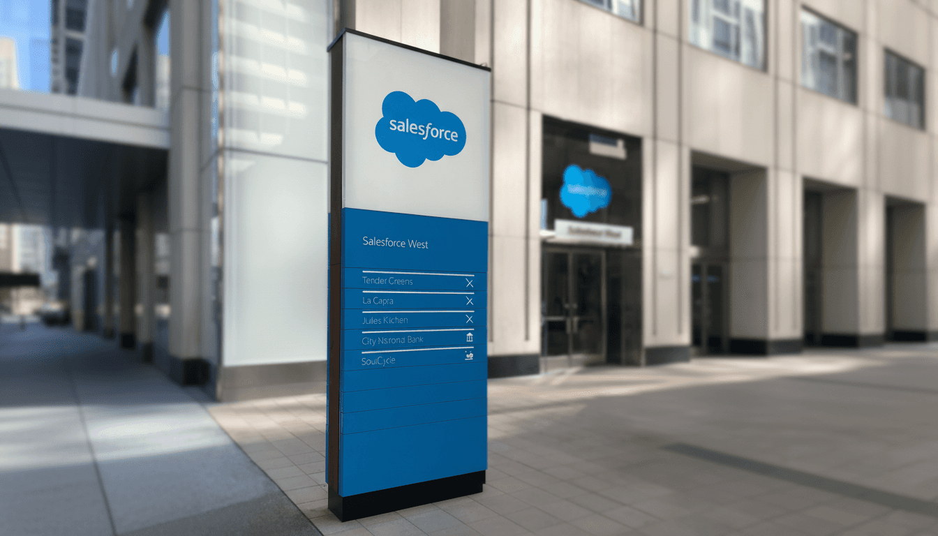 Salesforce corporate monument sign with clean modern powder-coated steel branding