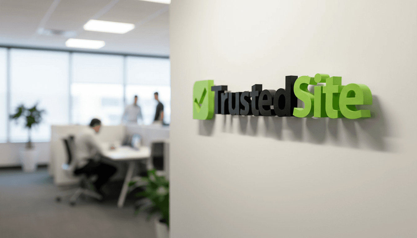 TrustedSite corporate lobby sign with green checkmark logo on clean white wall